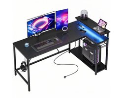 Bestier Gaming Desk Table with LED Lighting, Corner Desk with 2 USB Charging Ports and 3 Sockets, L-Shape Gaming Table with Rack & Monitor Stand, Large Table for Office, Bedroom, 147 cm