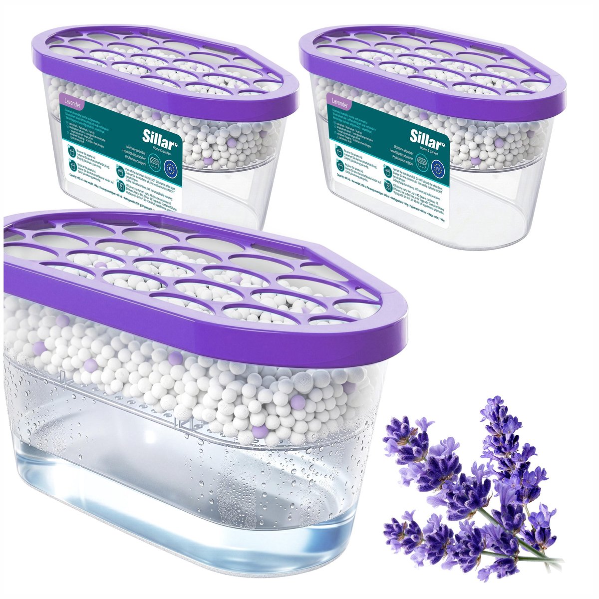 Sillar Set 3 vochtabsorbers 400ml - luchtontvochtiger - vochtopnemer voor kasten, kleerkasten, keuken, badkamer - lavendel