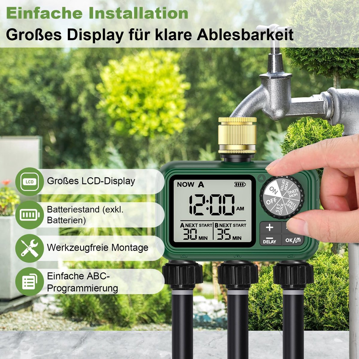 SnelShoppen - Programmeerbare Sprinklertimer met 3 Messing Uitgangen, Handmatig en Automatisch Bewateringssysteem voor Tuin, Irrigatiezones met Regenv