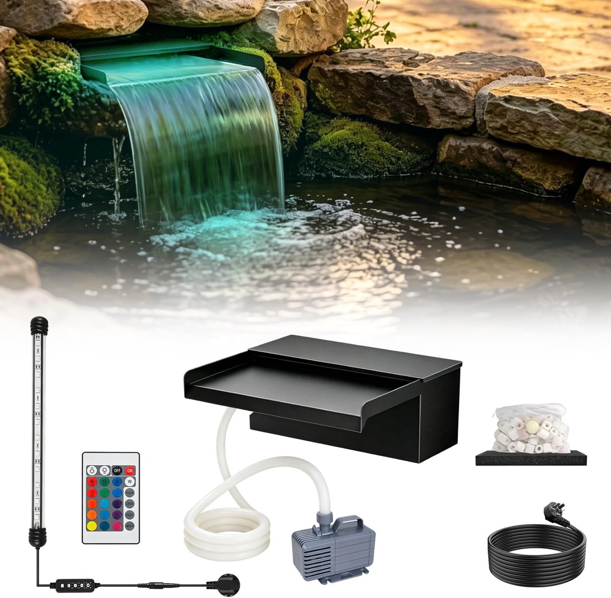 SnelShoppen - Vijverwatervalset 30 cm met Pomp, Roestvrij Staal, 3000 l/u, Waterval Overloopset met 3 m Slang voor Tuinvijver, Achtertuin, Koijvijver