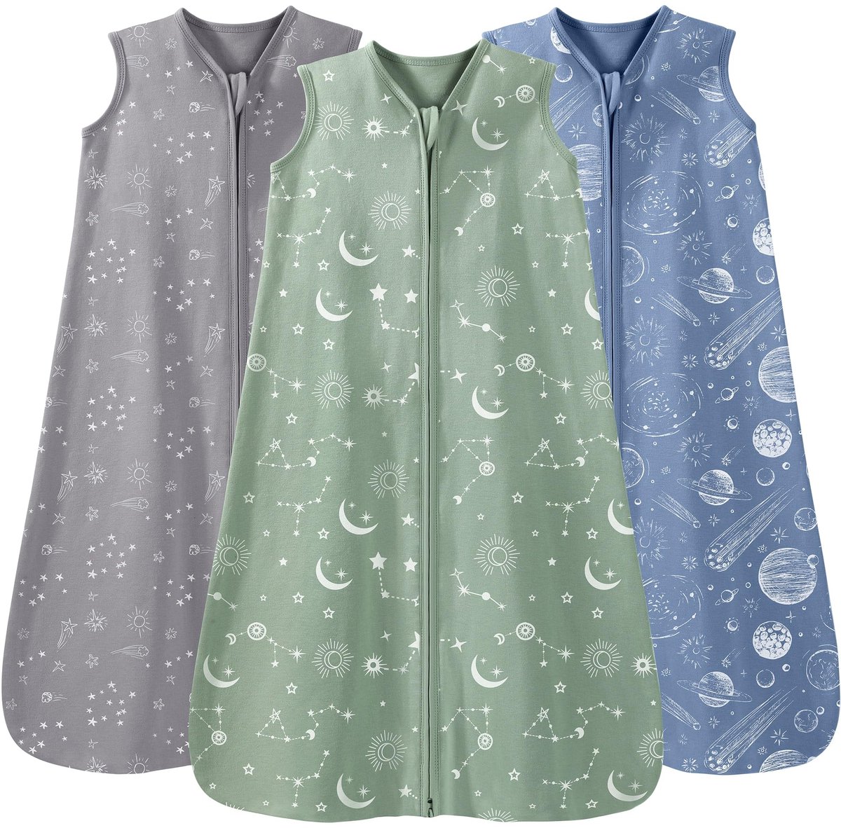 SnelShoppen - Baby Slaapzak 0,5 Tog 3 Pack - Draagbare Deken voor Pasgeborenen - 100% Katoen - Grijs Groen Constellation - Voor Jongen en Meisje - Peu
