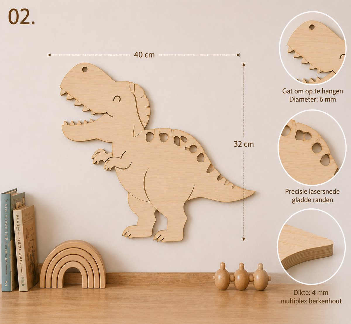 Houten T-Rex Dino Muurdecoratie – Kinderkamer – Multiplex Berkenhout – 40 x 32 cm