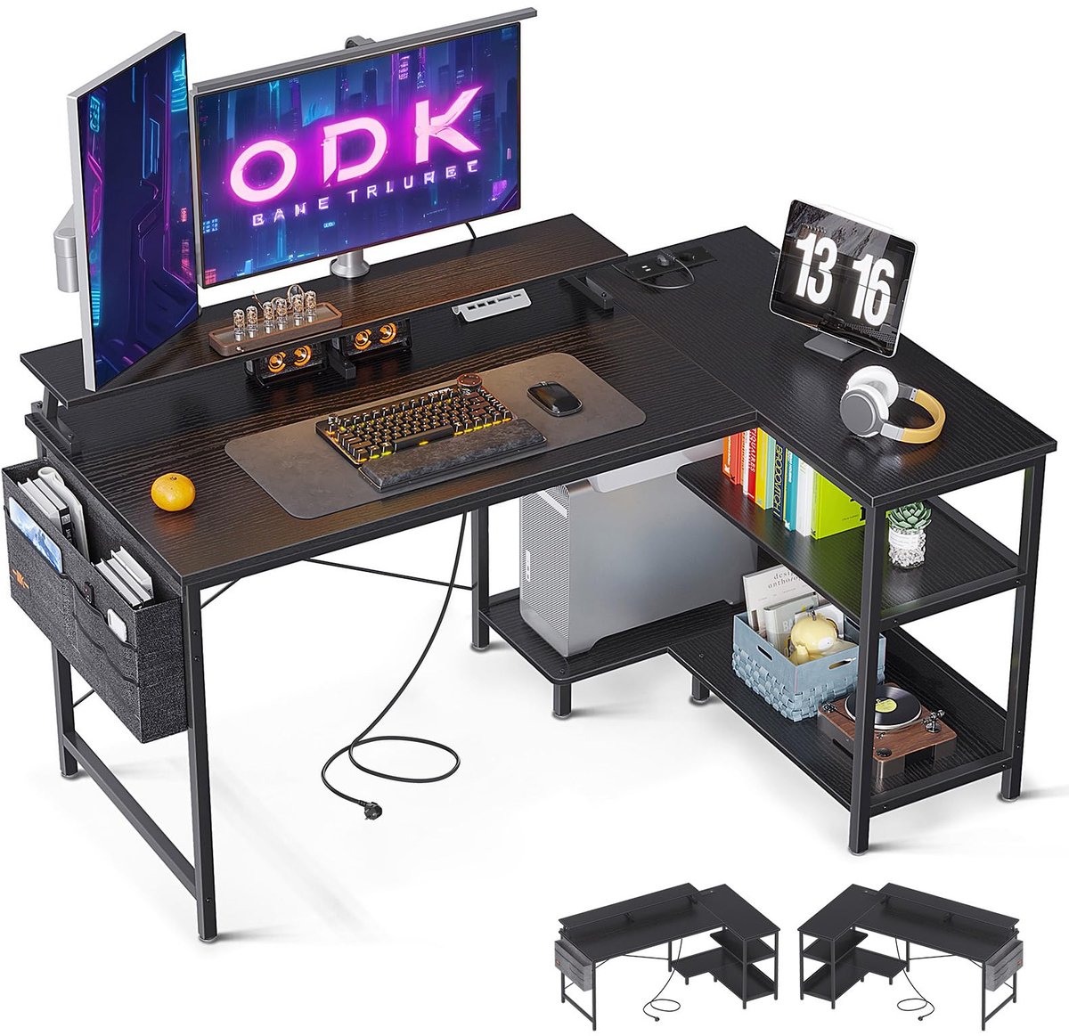 SnelShoppen - L Vormig Bureau met USB-Laadpoort & Stopcontact - Reversibel Hoekbureau met Monitorstandaard - Multifunctioneel Gamer Bureau (Zwart, 120