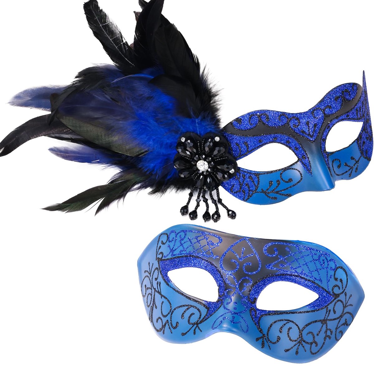 SnelShoppen - Blauw Maskerademasker voor Koppels - Venetiaans Mascarademasker met Veren voor Mannen en Vrouwen - Perfect voor Feesten, Mardi Gras, Hal