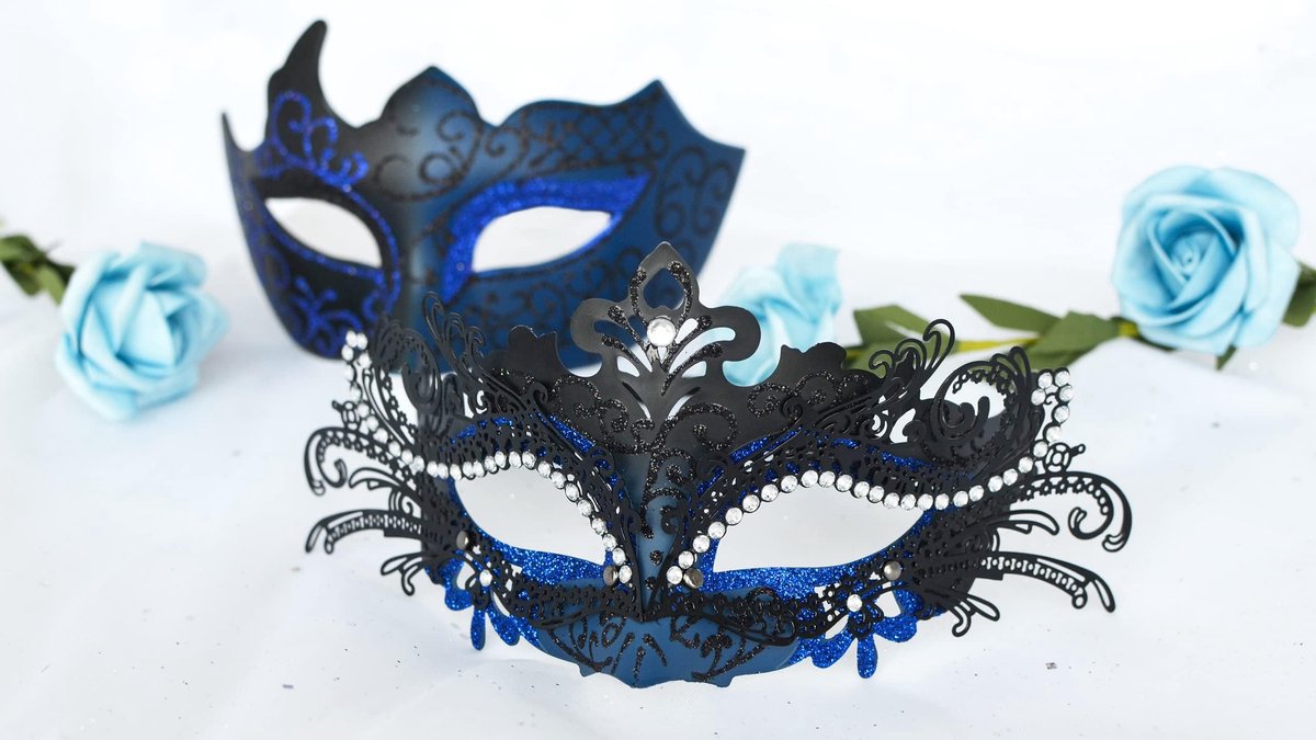SnelShoppen - MYSEUNI Maskerade Maskers voor Koppels - Glanzend Strass Metalen Filigraan Venetiaans Masker voor Heren en Dames - Koningsblauw - Medium