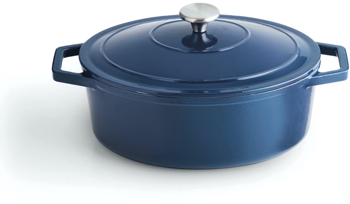SnelShoppen - Gietijzeren Stoofpan Ovaal 4L met Deksel, Inductie & Ovenbestendig, Blauw, Perfect voor Koken, Bakken en Stoofschotels