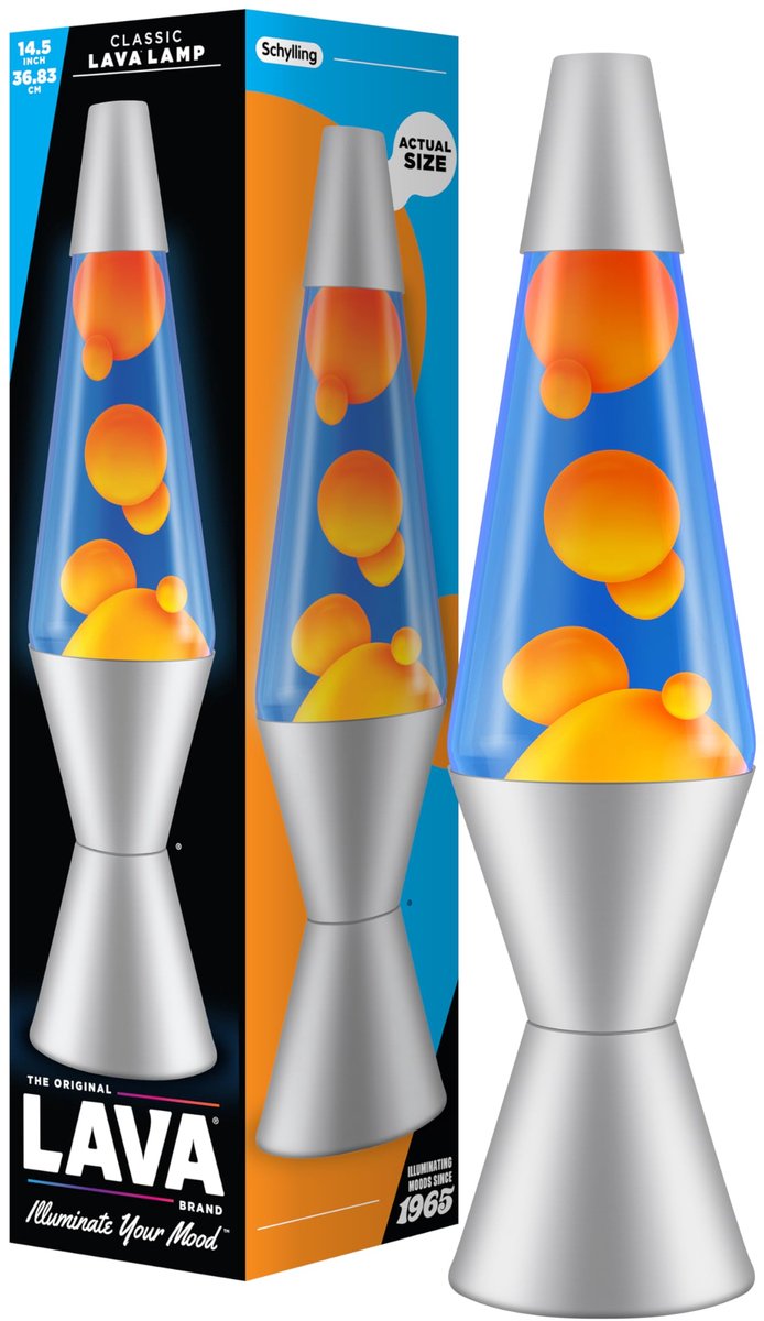 SnelShoppen - LAVA® Lavalamp 2117, oranje was, blauwe vloeistof, zilveren voet en kap, originele 14,5 inch bewegingslamp voor feest, kinderen, woonkam