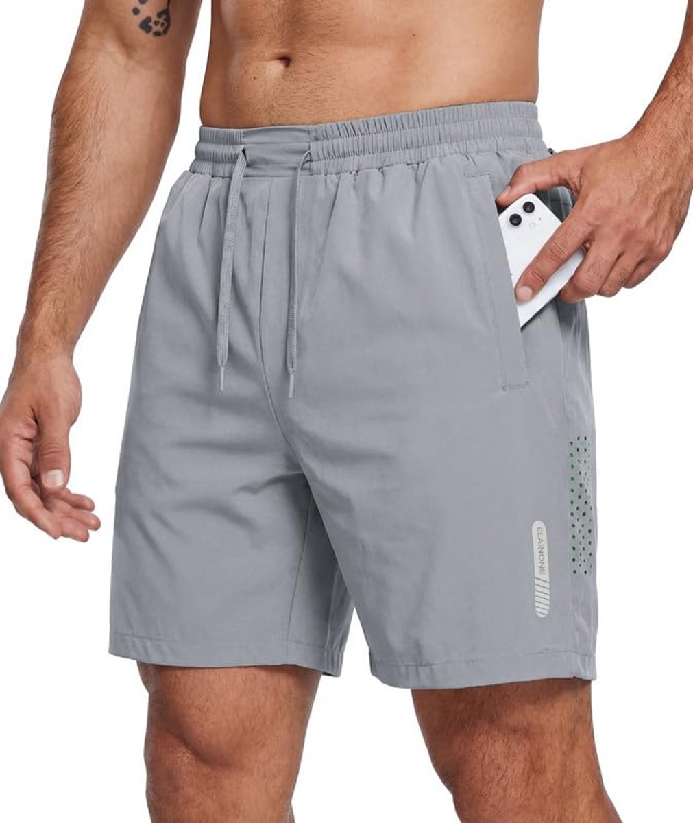 SnelShoppen - Korte Herensportbroek Stretch Herenshorts met Zakken voor Zomer Sport Basketbal Grijs 3XL - Ideaal voor Sport en Vrije Tijd