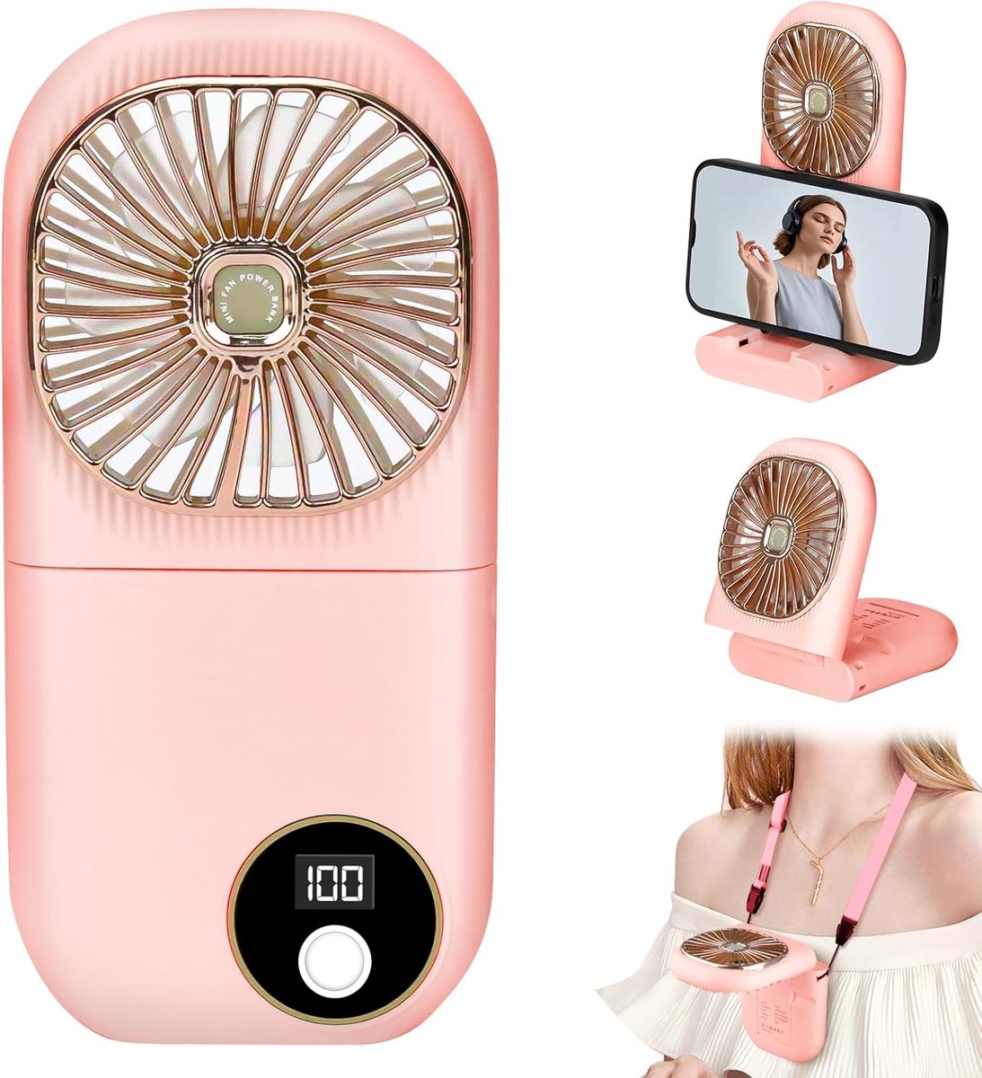 SnelShoppen - Draagbare Handventilator, Oplaadbare Mini Ventilator in Roze, Vouwbaar met 3000mAh Batterij, 3 Snelheden, 180° Vouwbare Bureauventilator