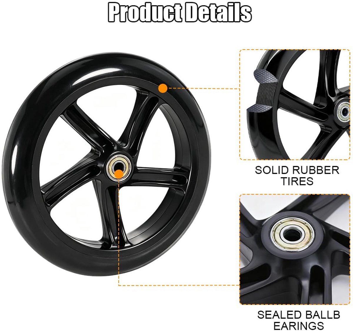 SnelShoppen - Reservewielen voor scooter en step, 2 stuks, 200 mm, stuntstep-wielen met ABEC-9 kogellagers, zwarte wielen voor kinderen en volwassenen