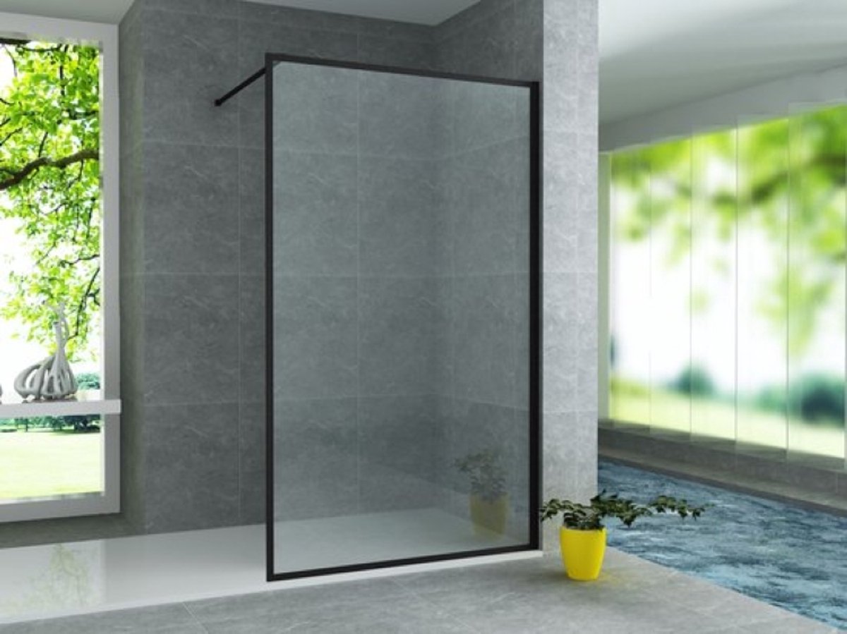 Zimmer Inloopdouche Douchewand met Kader 90 x 200 cm – Mat Zwart – 8 mm Helder Veiligheidsglas – Industriële Stijl – Antikalkcoating – Inclusief Stabilisatiearm