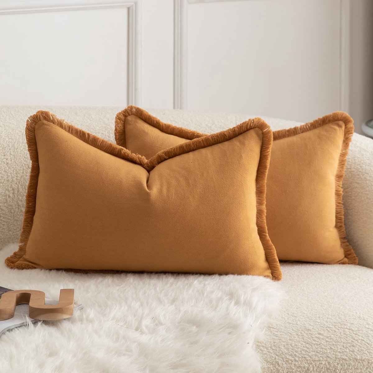 SnelShoppen - Set van 2 neutrale katoenen kwast kussensloop 30x50cm, Boho-stijl sierkussen voor bank, sofa, slaapkamer, woonkamer, oranje bruin, decor