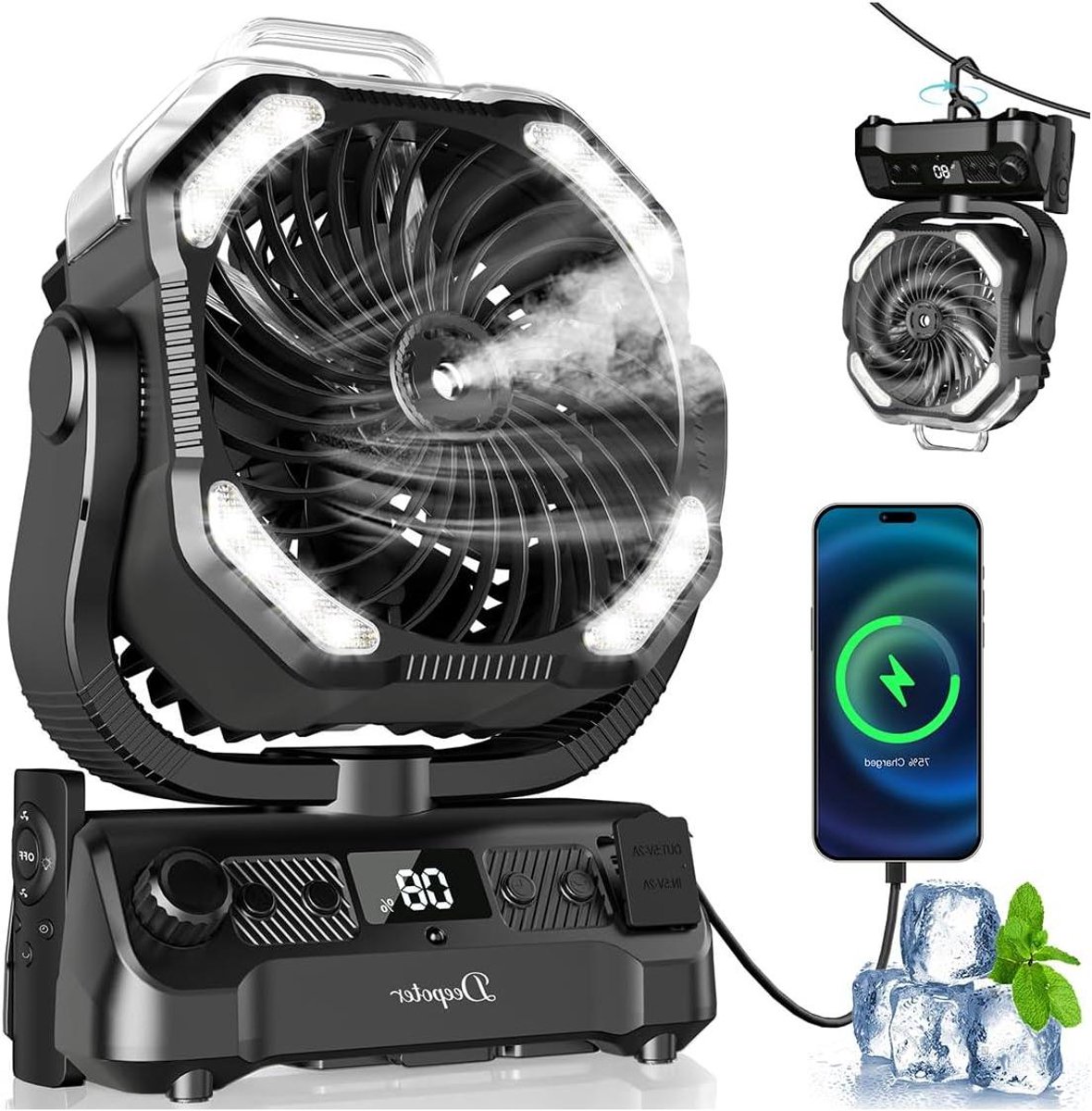 Camping Ventilator - Tafelventilator USB - Buitenkoeling - Met LED en Haak - 20.000 mAh - Zwart