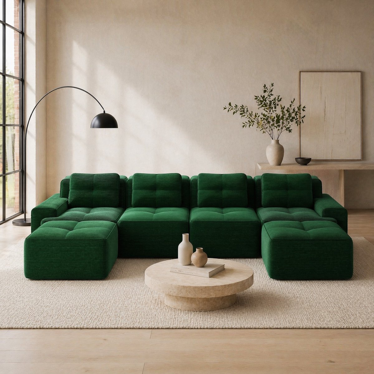 COVREO Modulaire U-bank 382 x 177 x 69 cm - groen corduroy, 4-zits, zonder montage
