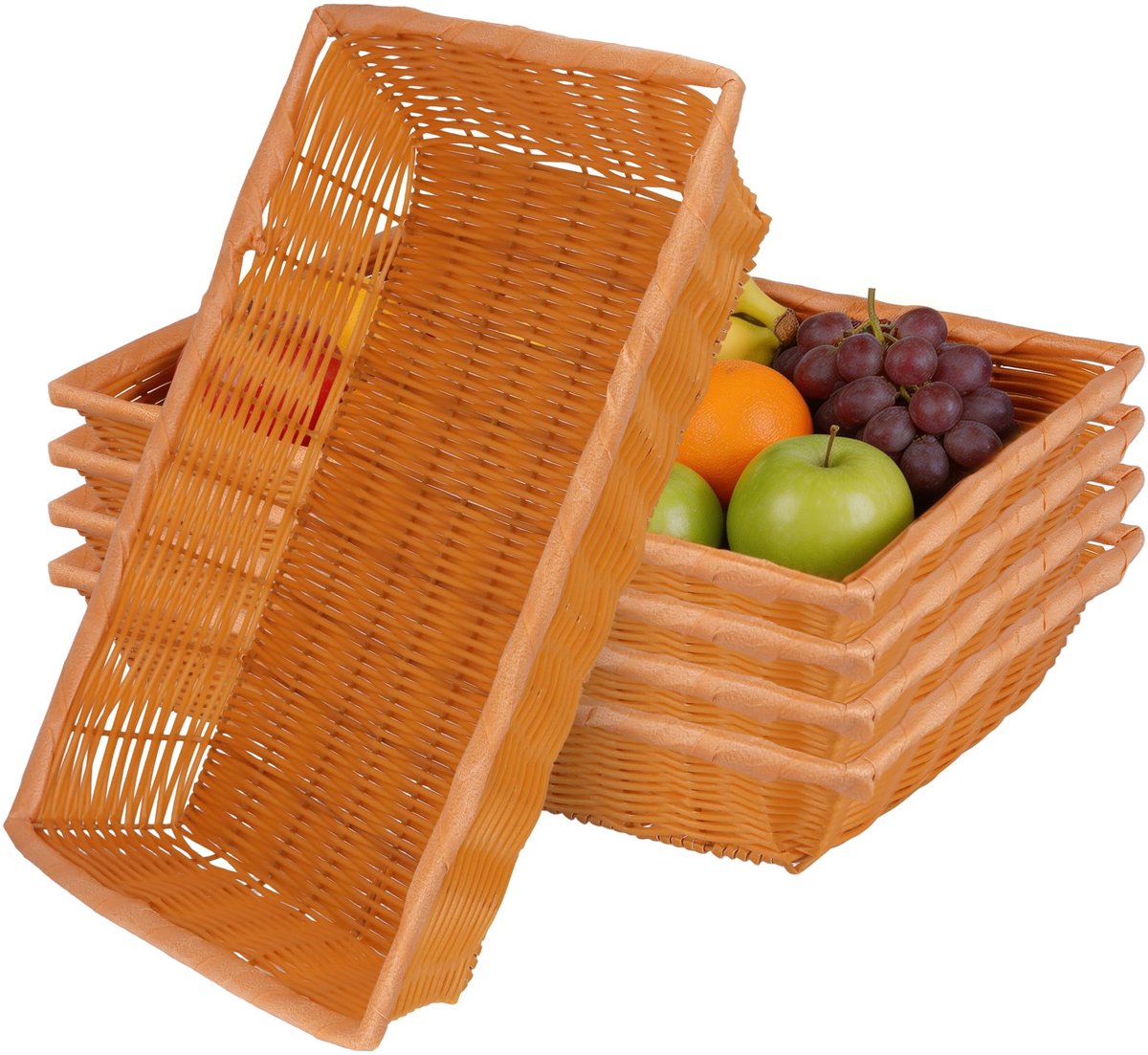 SnelShoppen - 5 Stuks Grote Gevlochten Broodmanden 40x30x8 cm - Rechthoekige Kunststof Broodmand met Rotan-Look - Voor Brood, Groenten, Fruit, Feest,