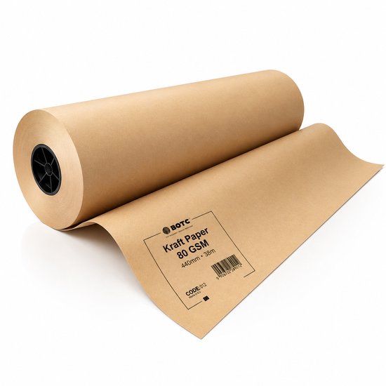 Een rol bruin kraftpapier van 440 mm x 30 m op een zwarte standaard, met de tekst 'Kraft Paper 80 GSM 440mm x 30m'.