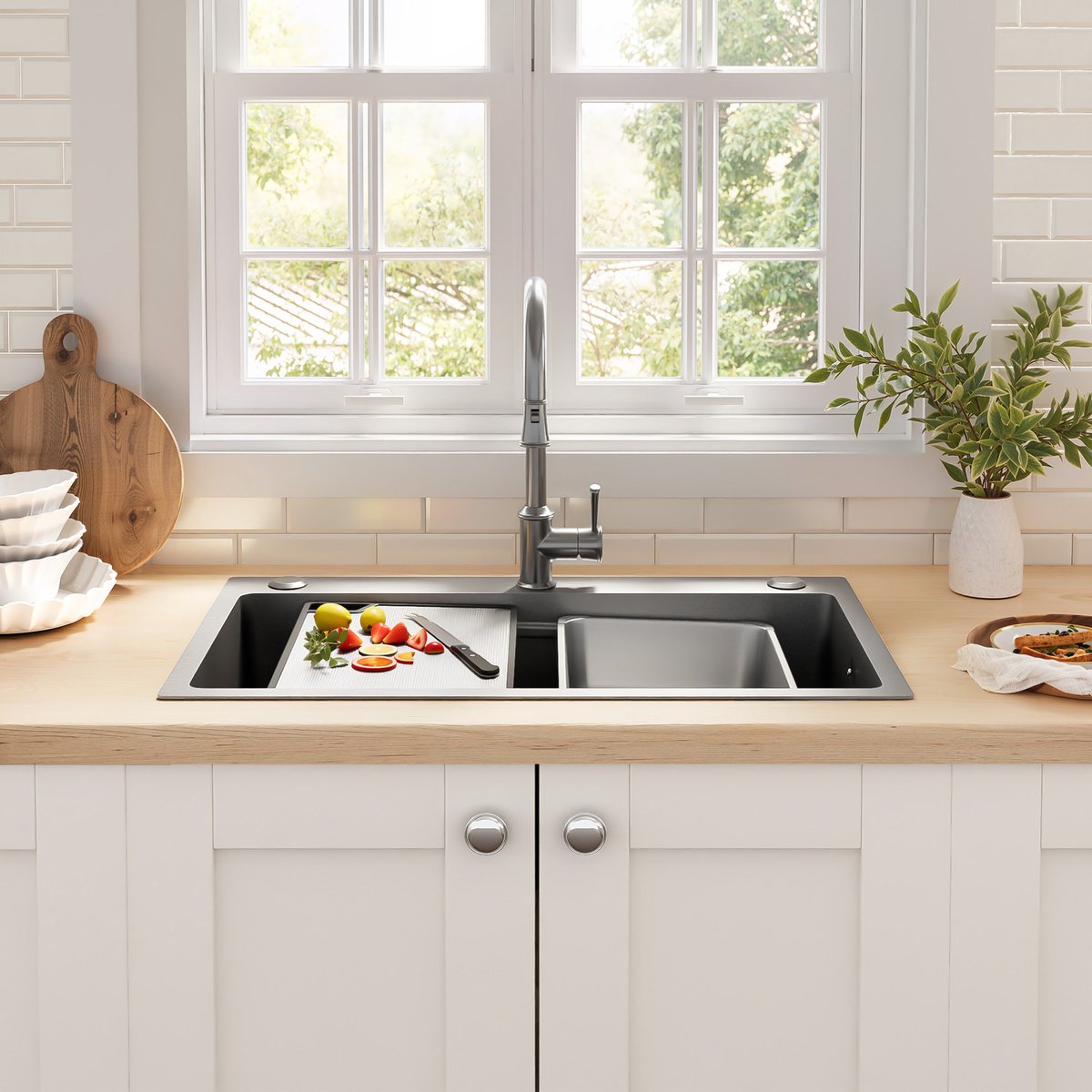 HAUSS SPOLE Gastronormbak – 75 x 45 x 22 cm – PVD Gecoat Roestvrij Staal – Zilver – Met Snijplank, Extra Binnenbak en Stil Waterafvoer