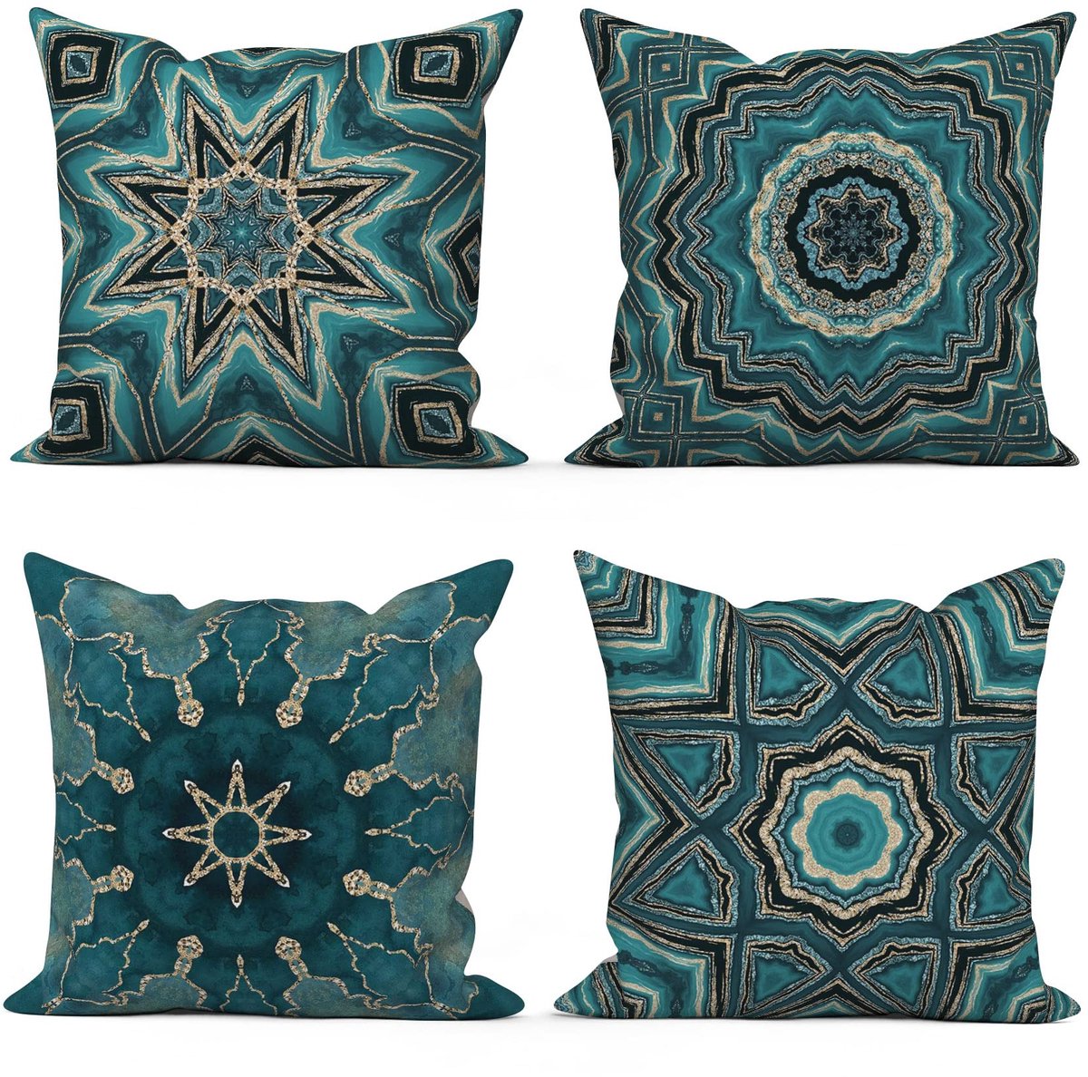 SnelShoppen - Boho-kussenhoes set van 4 - Geometrisch patroon - 45 x 45 cm - Blauw met goudkleurige accenten - Wasbaar polyester en vlas - Decoratief