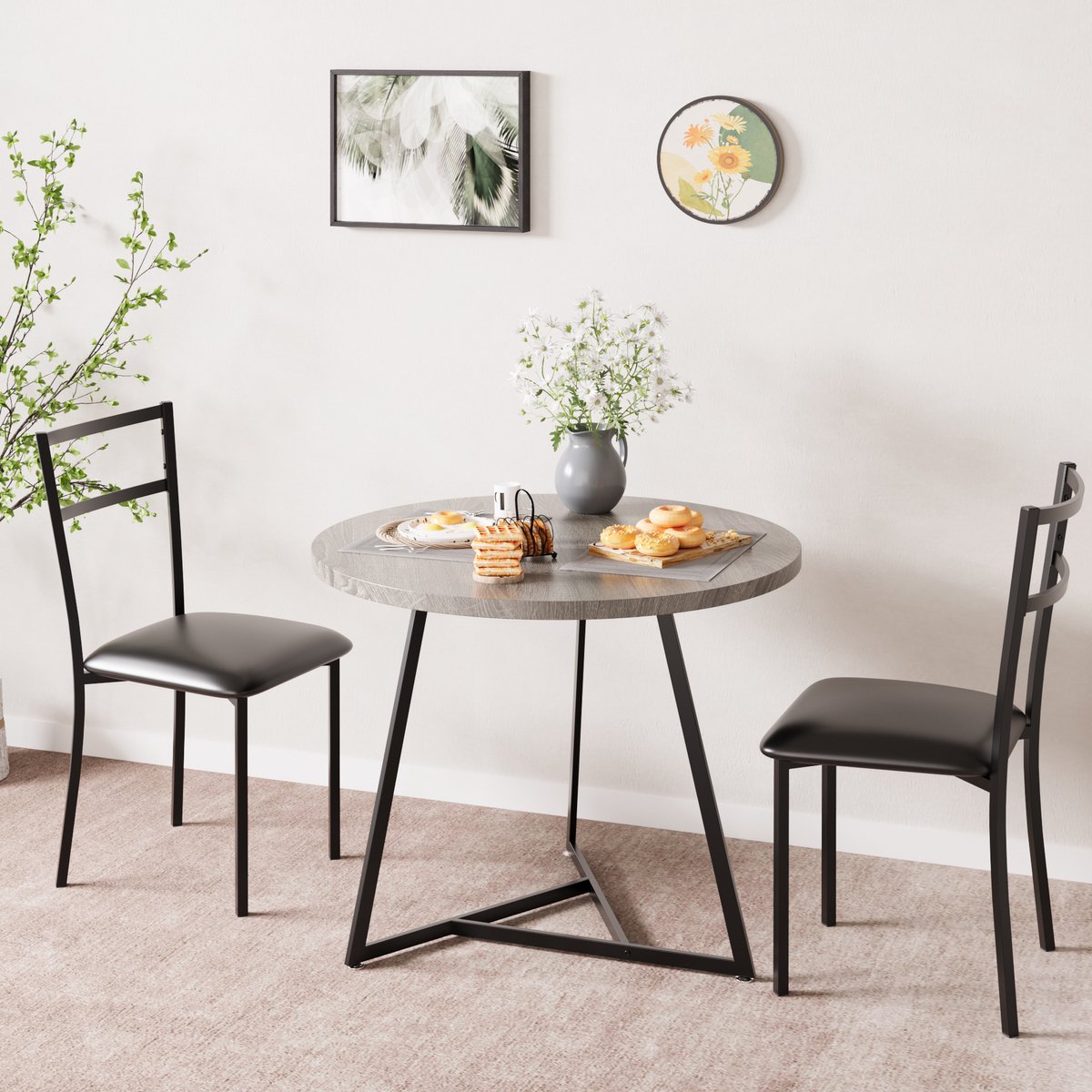 Eettafel Stoel Set 3-delig - 80x80x75cm - Ronde Tafel met Metalen Frame - 2 Beklede Stoelen - Compact voor Eetkamer Woonkamer en Appartement - Grijs