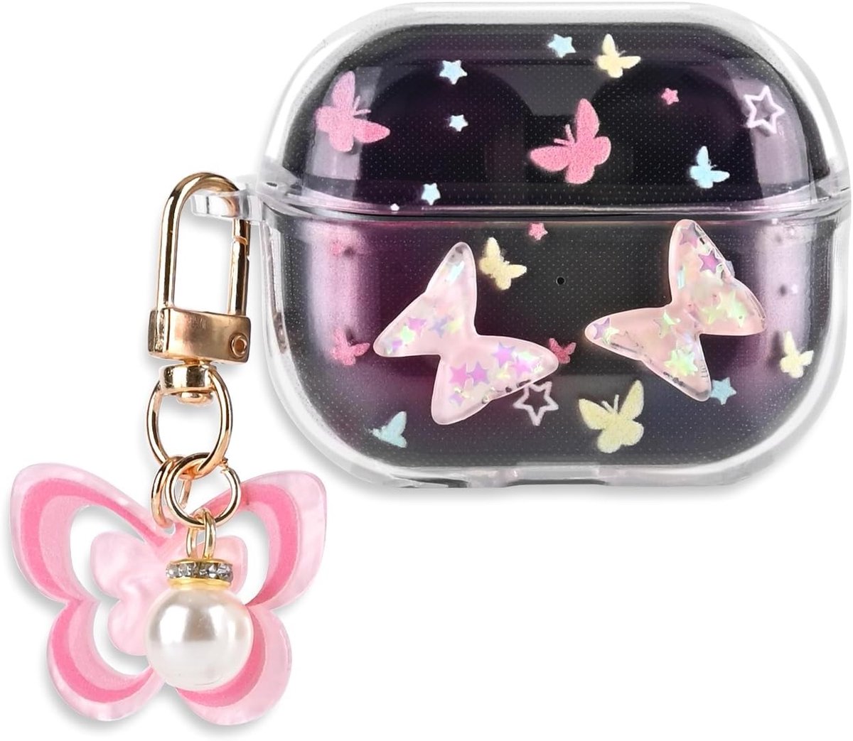 Zachte siliconen hoes voor Galaxy Buds 3/3 Pro/3 FE met roze vlinderpatroon, schokbestendig en antislip, inclusief sleutelhanger en stofbescherming
