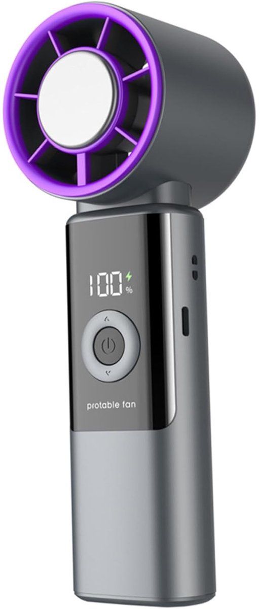 Oplaadbare draagbare ventilator voor gebruik om de nek, op het bureau of in de hand; mini-persoonlijke ventilator met slim display en snelle turbine-luchtstroom - grijs