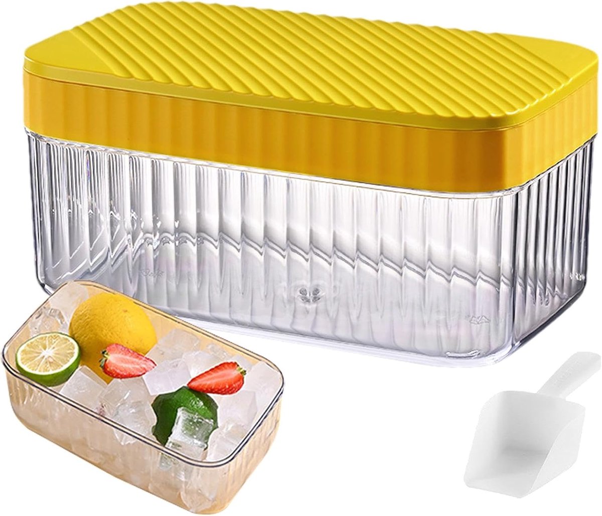 IJsblokjesbakjes met container - IJsblokjesmaker met deksel - Dranken Koelen - 32 IJsblokjes - Stapelbaar Ontwerp - Dubbele Laag Geel