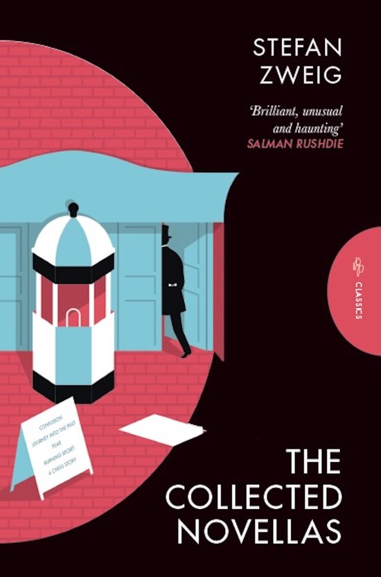 Boek "The Collected Novellas" van Stefan Zweig, met een illustratie van een man in pak die een deur opent, een scheidsrechtershokje en een bord met "A Chess Story".