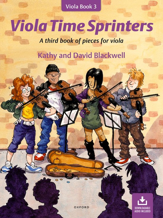 Couverture de livre Viola Time Sprinters, livre 3, avec quatre enfants jouant du violon.