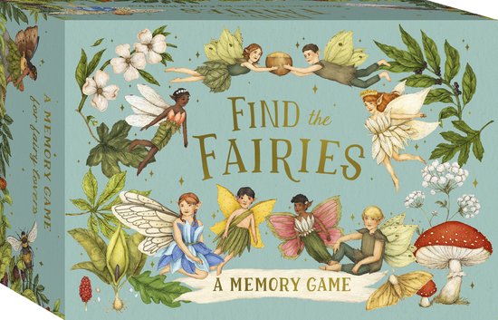 Doosspel 'Find the Fairies' met vliegende elfjes, bloemen en paddenstoelen op een turquoise achtergrond.