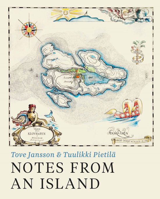 Boekomslag met een kaart van Klovharun, getekend door Tove Jansson en Tuulikki Pietilä, met de titel 'Notes From An Island'.