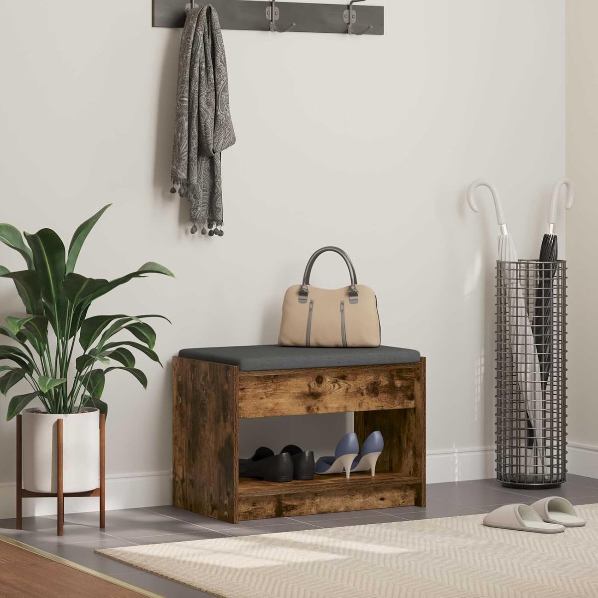 Elegante gangbank - Bank zonder rugleuning - Hal organiseren - Praktische opbergplanken - 70 cm breed - Gerookte eiken
