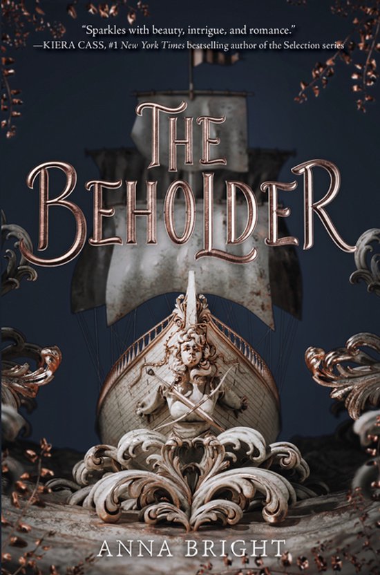 Couverture du livre 'The Beholder' avec le titre en lettres ornementées, un navire et une sculpture.