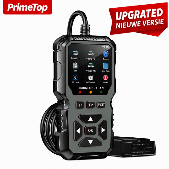 Grijze PrimeTop OBD2 scanner met kabel en adapter, met rode "UPGRADED NIEUWE VERSIE" badge.