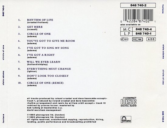 Achterkant van de 'Circle of One' cd-hoes met de tracklist, artiest Oleta Adams en catalogusnummer 848 740-2.