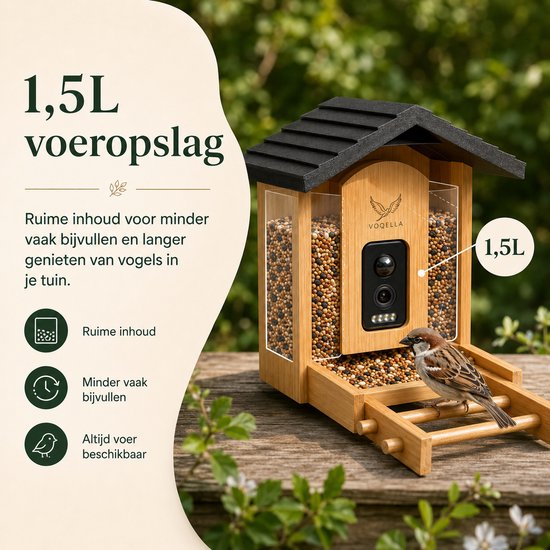 Houten vogelvoederhuisje met camera, gevuld met voer. Een mus zit op de zitstok. De camera is aan de voorkant zichtbaar.