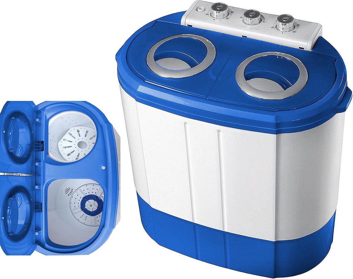 Mini wasmachine Compact apparaat Kleine wasjes draaien Twee aparte kamers 3 kg capaciteit Grijs wit