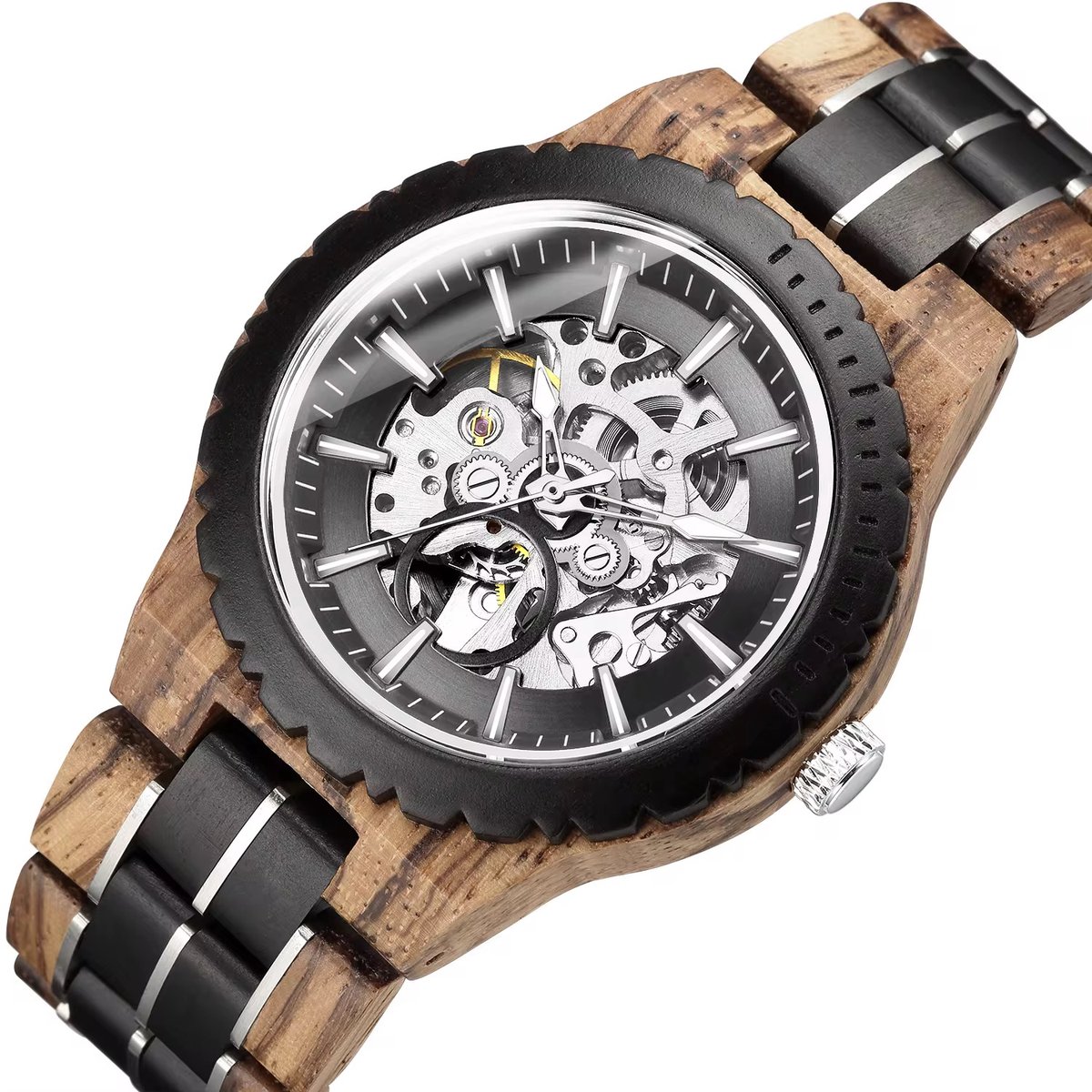 Wood Skeleton Horloge | Waterafstotend | Cadeau Giftbox | Hout, Zilverkleurig & Zwart | Automatic Horloges | Automatisch Watchwinder | Skeleton Herenhorloge