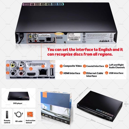 Regio Vrije DVD Speler - Blu-ray Speler Home Cinema Speler - Thuisentertainment Afspelen - 1080P High Definition - 280x200x38mm - Zwart — afbeelding 3