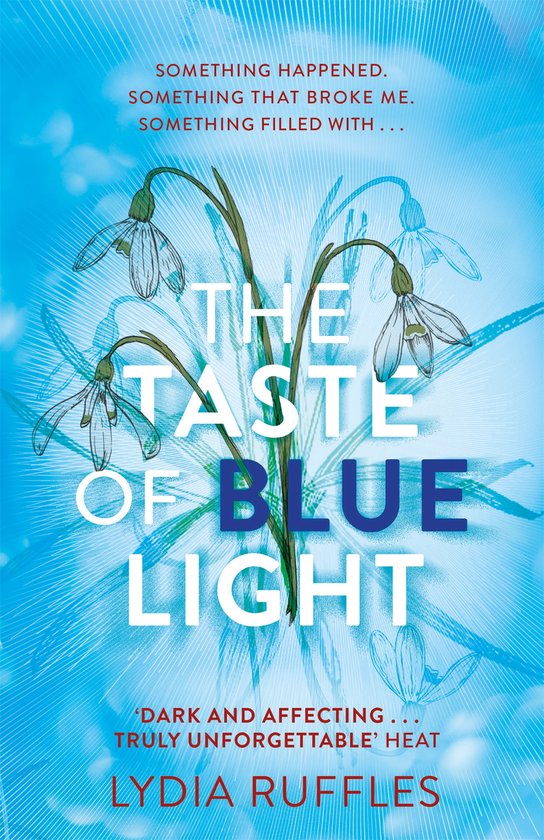 Boekomslag van "The Taste of Blue Light" met sneeuwklokjes en de titel in blauwe letters op een lichtblauwe achtergrond.