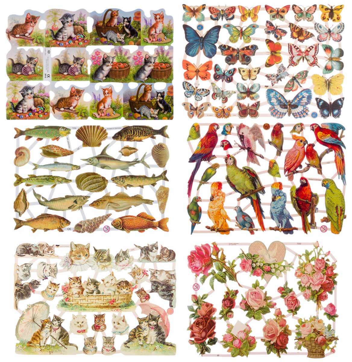 Poëzieplaatjes - 6 vellen - Vissen - Vogels - Poezen - Vlinders - Bloemen - Poëziealbum - hobby - creatief - bulletjournaal - vriendenboek - dagboek - decoupage - knutselen - scrapbook