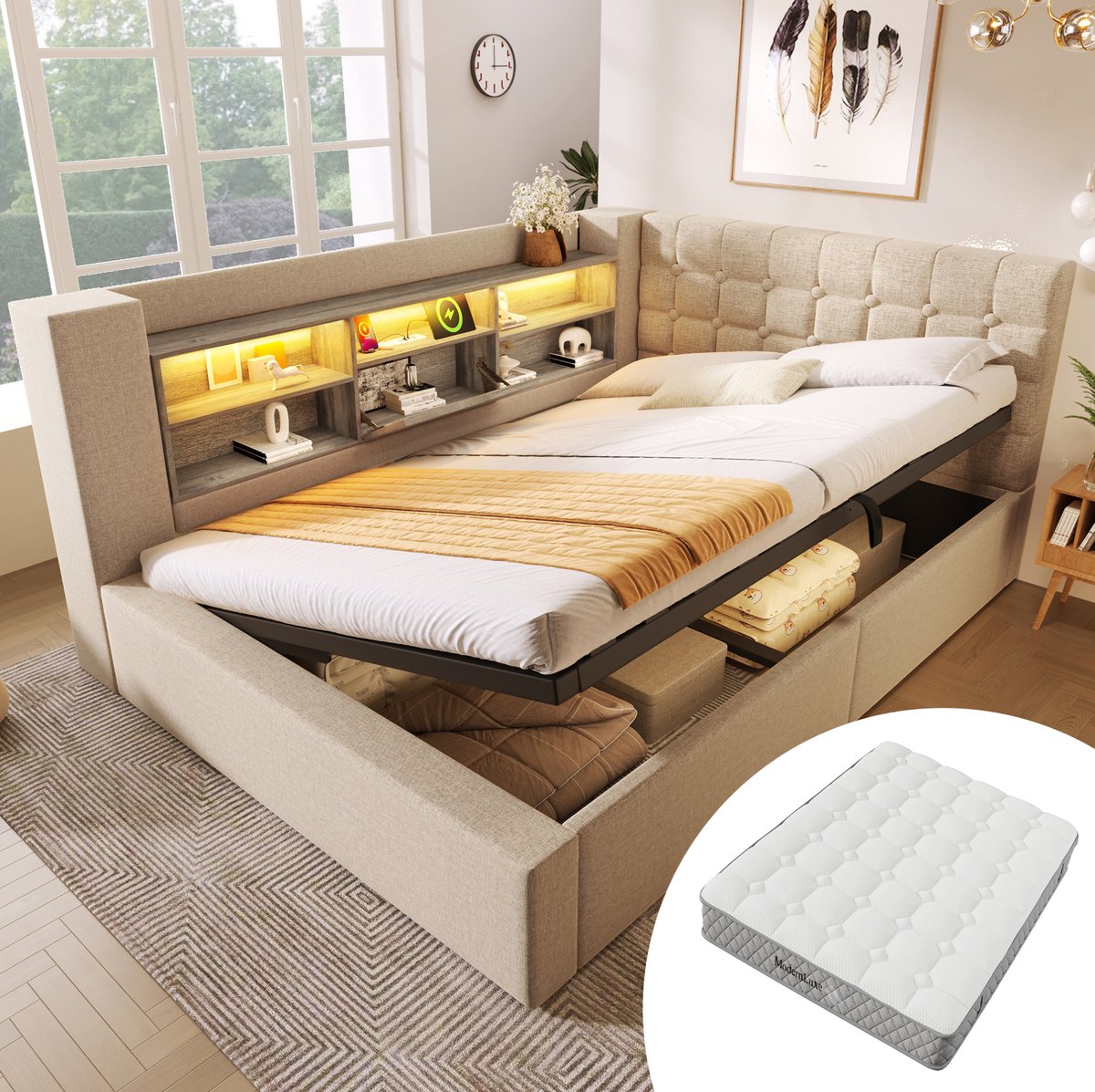 MEUNIQ gestoffeerd bed 140x200 cm met matras, LED-verlichting, hydraulische opbergruimte, L-vormig hoofdbord met opbergvakken, USB en USB-C, beige