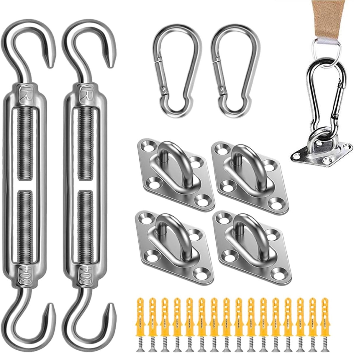 Bevestigingsset Schaduwdoek - 304 Roestvrij - Luifel Attachment Set - Verstelbare Spanners en Oogplaten - voor Vierkant en Driehoekig Zonnezeil Tuinterras - Duurzaam Sorteersysteem Bevestigingsmateriaal - Model Universeel - Zilver
