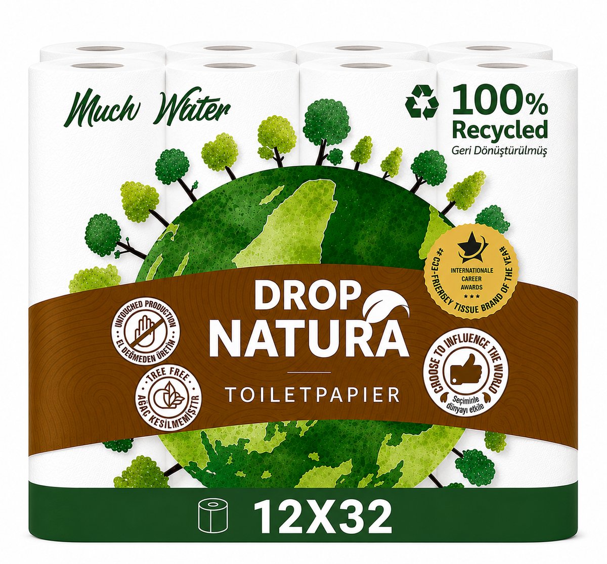 DROP Natura - 12x32 rollen toiletpapier - 384 Rollen - Ultiem comfort WC Papier, Superieure sterkte, Maximale absorptie & Pluisvrij - Voordeelverpakking WC Papier