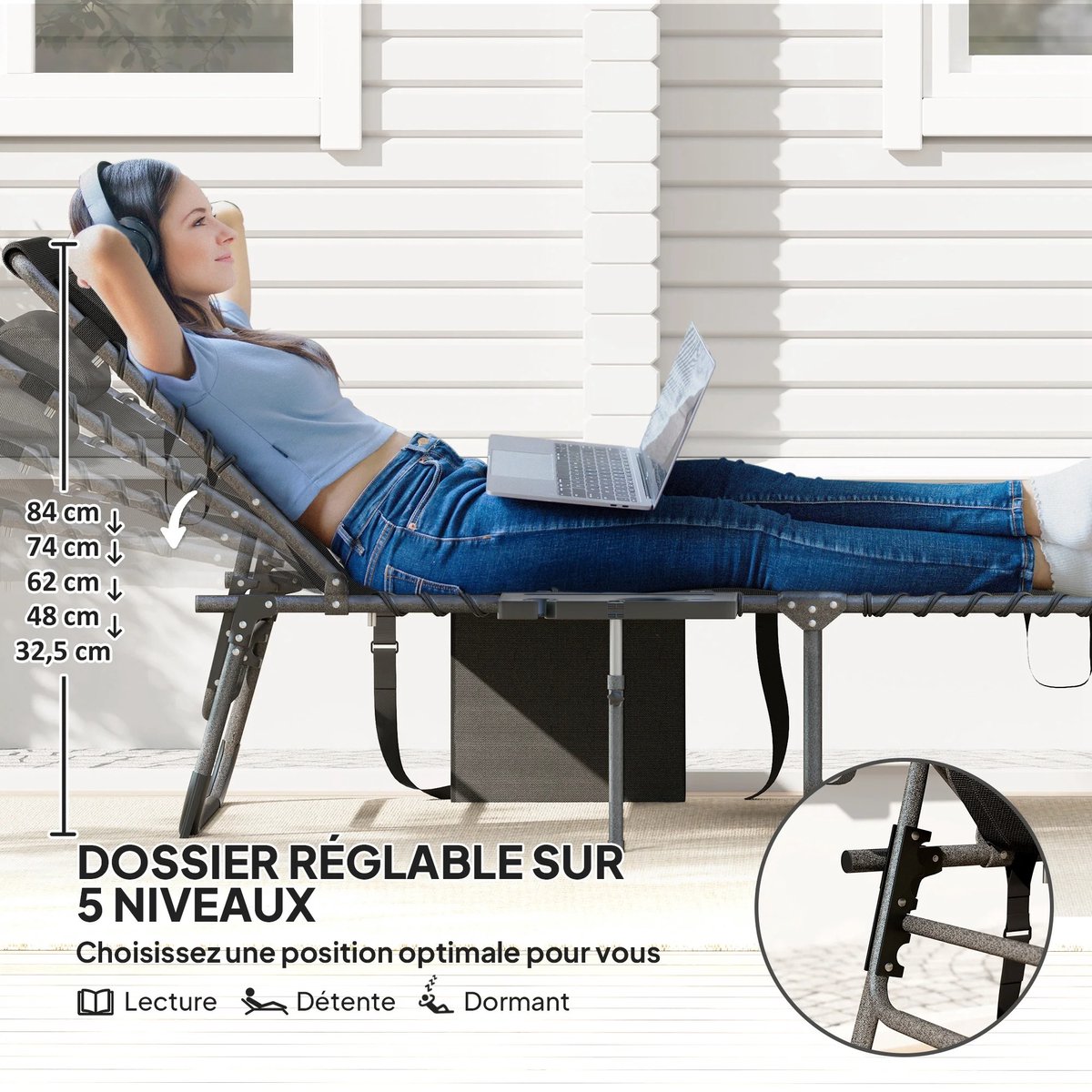 QJ Supply - ligstoel - zonnebank - tuinstoel - opvouwbaar - verstelbaar - rugleuning - comfort - ontspanning - zwart