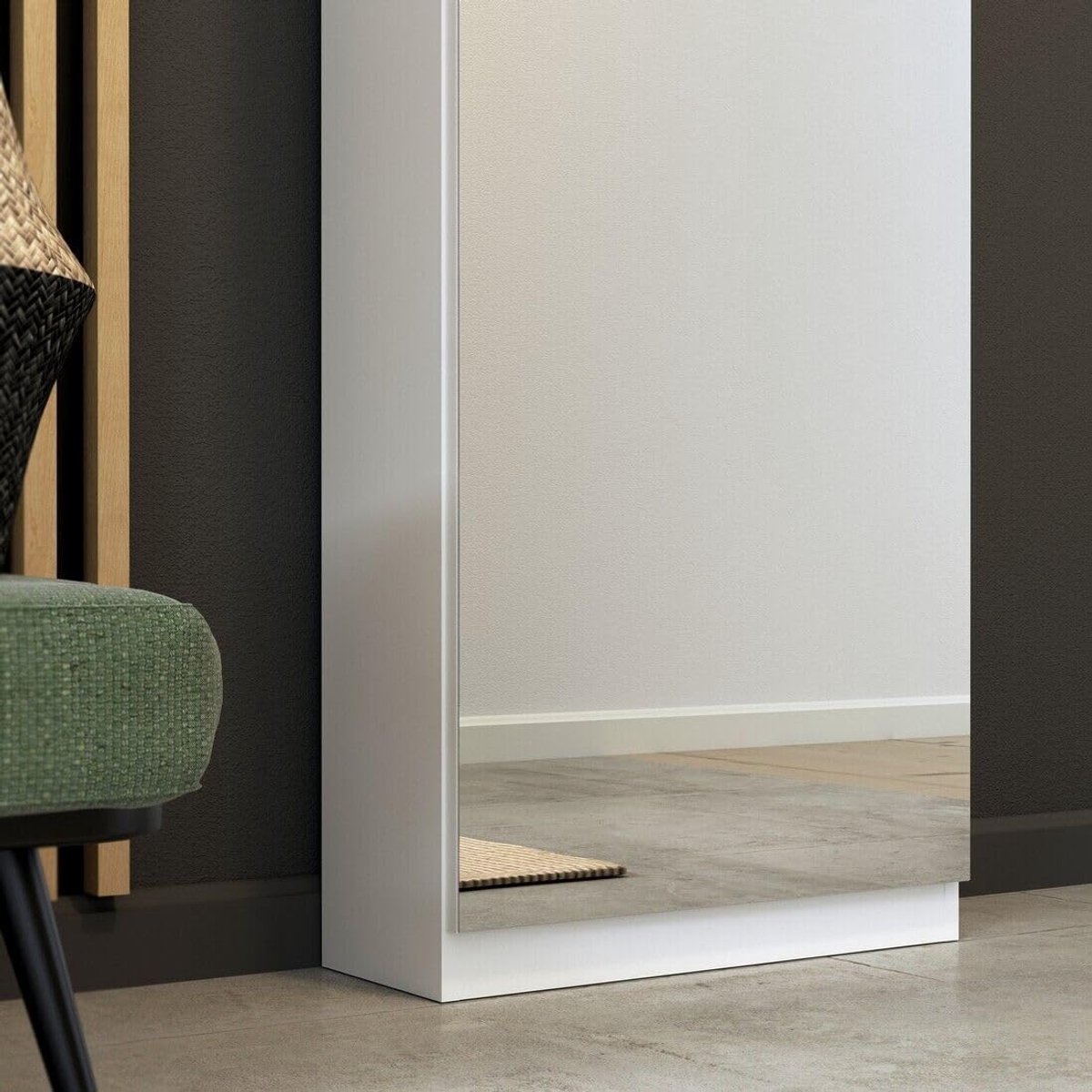 Schoenenkast met Spiegeldeur 50 x 180 x 20 cm - Smalle Hoge Opbergkast met 6 Planken - Witte Hal Kast voor Schoenen, Gang, Entree en Slaapkamer - Mobili Bella