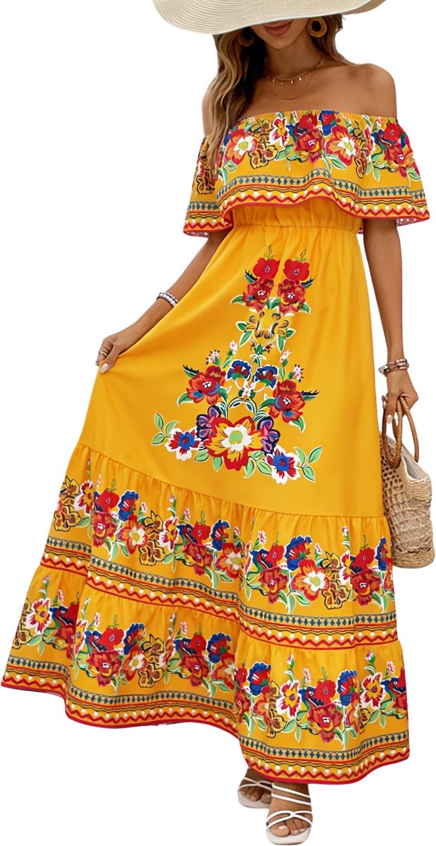 Currero Zomerjurk Dames Zomerjurken Volwassenen Vrouwen Midi Jurk Ibiza Stijl Sundress Dress Oranjegeel XL
