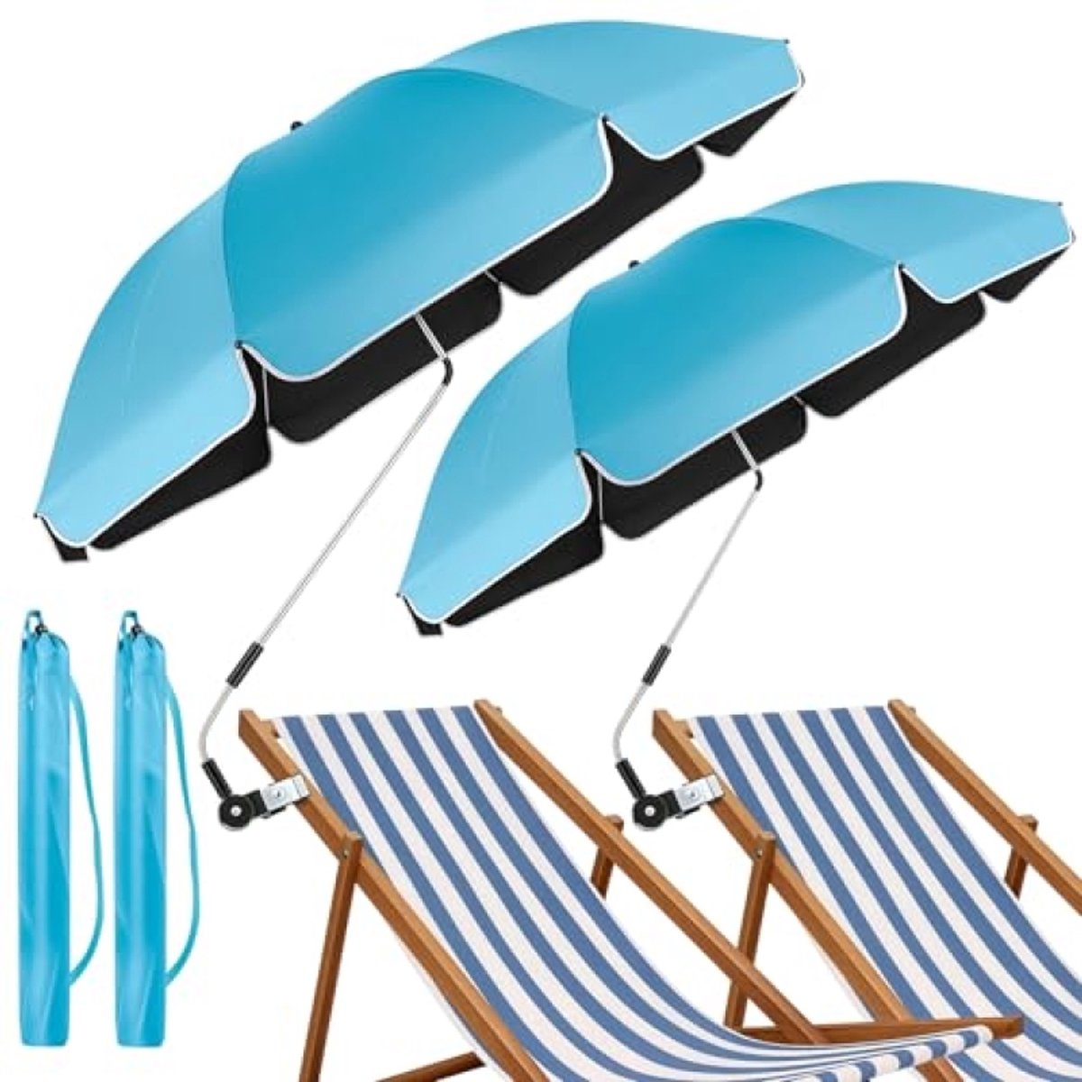 ModernStore Set van 2 strandparasols met klem, UPF 50+, 360° verstelbare clip-on parasol voor strandstoel, campingstoel, rolstoel – Hemelsblauw