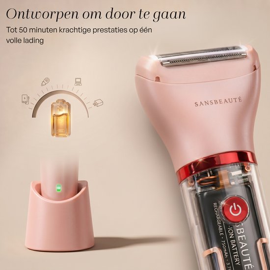 Roze ladyshave in een oplaadstation. Close-up van de scheerkop en de batterij-indicator.