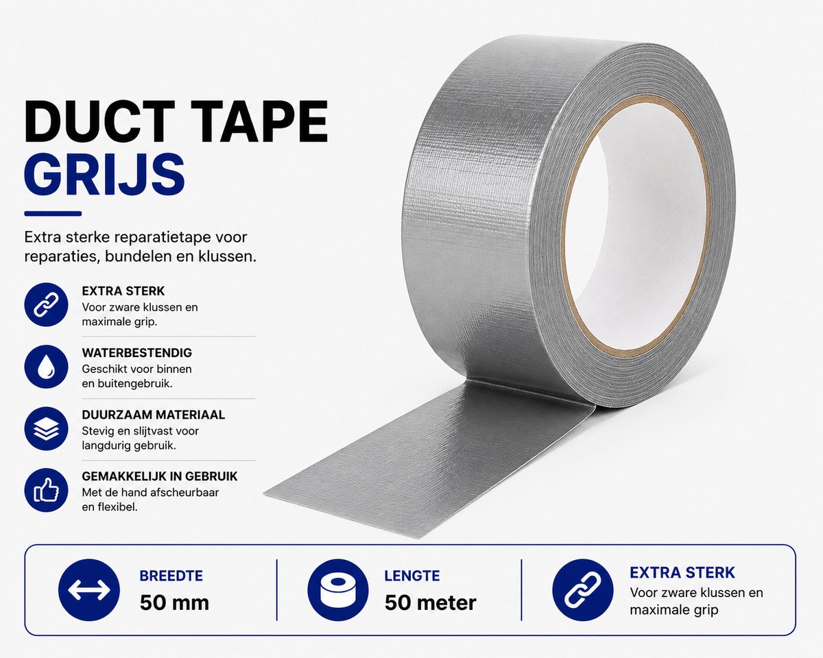Propacker Duct Tape Grijs - 50 mm x 50 m - Extra Sterke Reparatietape - Waterbestendige Tape voor Reparaties, Bundelen & Klussen
