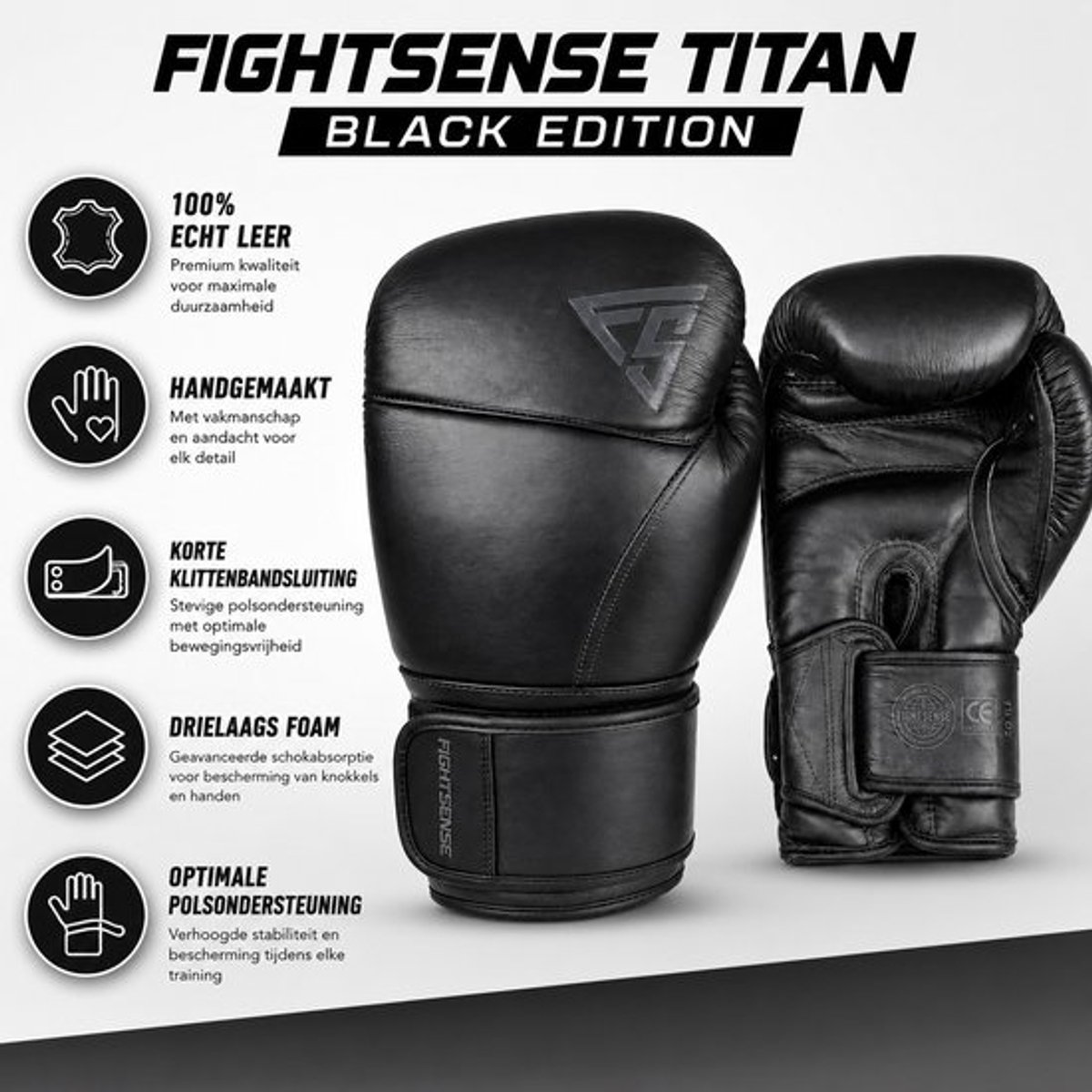Fightsense Titan Black Edition - 14 oz - Bokshandschoenen – Premium Echt Leer – All Black – Training & Sparren